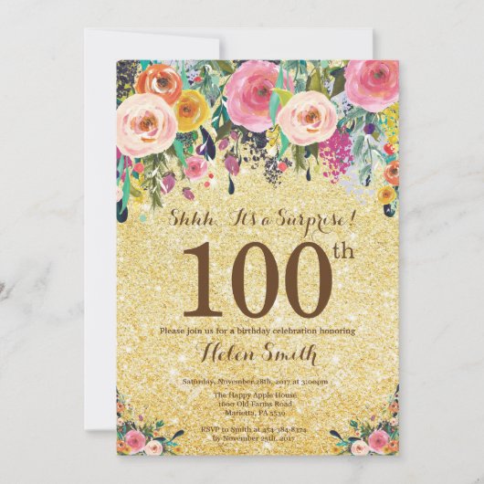 Gouden Glitter Floral Surprise 100ste Verjaardag Kaart (Voorkant)