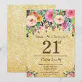 Gouden Glitter Floral Surprise 21ste Verjaardag Kaart (Voorkant / Achterkant)