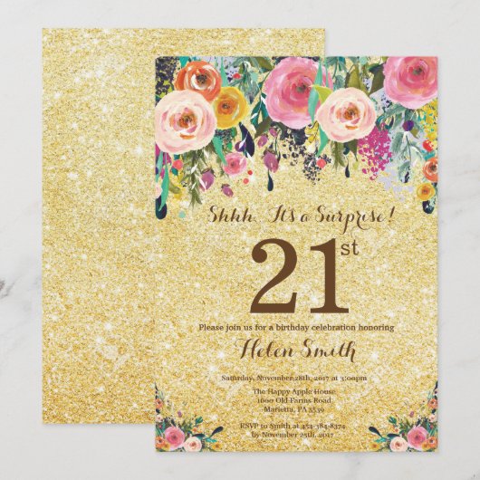 Gouden Glitter Floral Surprise 21ste Verjaardag Kaart (Voorkant / Achterkant)