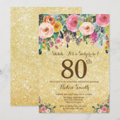 Gouden Glitter Floral Surprise 80ste Verjaardag Kaart (Voorkant / Achterkant)