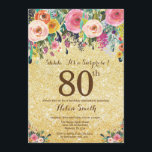 Gouden Glitter Floral Surprise 80ste Verjaardag Kaart<br><div class="desc">Gold Glitter Floral Surprise 80e verjaardag uitnodiging voor vrouwen. Waterverf bloemen. Gouden Glitter Achtergrond. Roze, geel, Oranje, Paarse bloem. Verjaardag voor volwassenen. 13e 15e 16e 18e 20e 21e 30e 40e 50e 60e 70e 80e 90e 100e, Alle leeftijden. Voor verdere aanpassing klikt u op de knop "Aanpassen" en gebruikt u onze...</div>