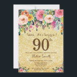 Gouden Glitter Floral Surprise 90ste Verjaardag Kaart<br><div class="desc">Gold Glitter Floral Surprise 90e verjaardag uitnodiging voor vrouwen. Waterverf bloemen. Gouden Glitter Achtergrond. Roze, geel, Oranje, Paarse bloem. Verjaardag voor volwassenen. 13e 15e 16e 18e 20e 21e 30e 40e 50e 60e 70e 80e 90e 100e, Alle leeftijden. Voor verdere aanpassing klikt u op de knop "Aanpassen" en gebruikt u onze...</div>