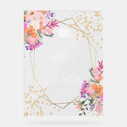 Gouden glitter floral waterverf afstuderen welkom acryl bord (Voorkant)