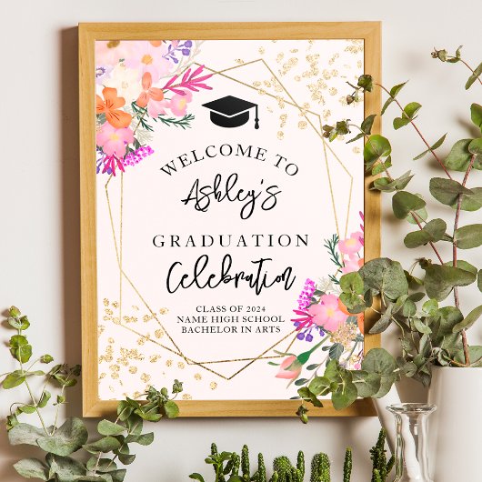 Gouden glitter floral waterverf afstuderen welkom poster