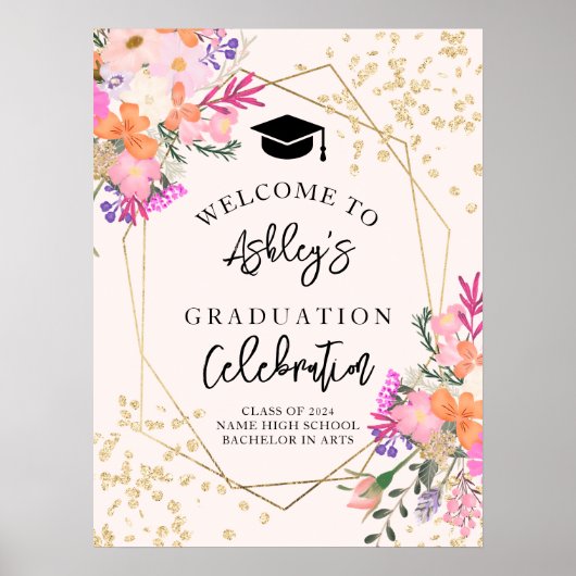Gouden glitter floral waterverf afstuderen welkom poster (Voorkant)