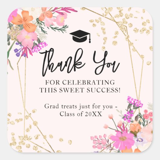 Gouden glitter floral waterverf Bedankt afstuderen Vierkante Sticker (Voorkant)
