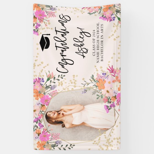 Gouden glitter florale waterverf afstuderen gefeli spandoek (Verticaal)