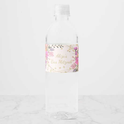 Gouden glitter florale waterverf bas mitzvah waterfles etiket (Voorkant)