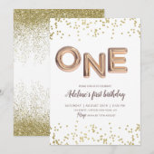 Gouden Glitter Folie Ballon 1e Verjaardag Meisje Kaart (Voorkant / Achterkant)