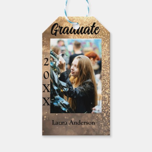 Gouden glitter foto afstuderen voeg naam klasse te cadeaulabel (Voorkant)