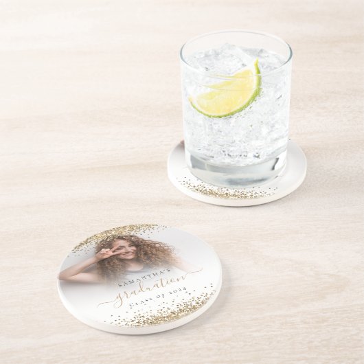 Gouden Glitter Foto Naam Afstuderen 2024 Zandsteen Onderzetter (Zijkant)