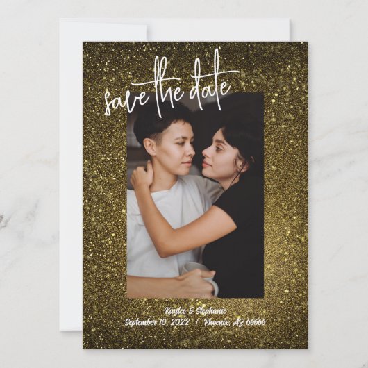 Gouden Glitter Foto Save the Dates - Bling Stijl Date (Voorkant)