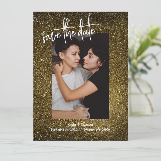 Gouden Glitter Foto Save the Dates - Bling Stijl Save The Date (Staand voorkant)