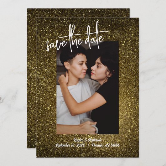Gouden Glitter Foto Save the Dates - Bling Stijl Save The Date (Voorkant / Achterkant)