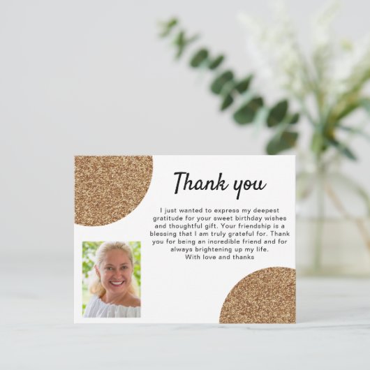 Gouden Glitter Foto Verjaardag Dank u Briefkaart (Staand voorkant)