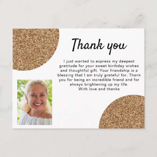 Gouden Glitter Foto Verjaardag Dank u Briefkaart (Voorkant)