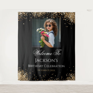 Gouden Glitter Foto Verjaardagsfeest voor elke Lee Wandkleed