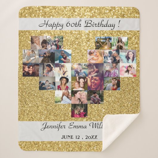 Gouden glitter fotocollage 60ste verjaardagscadeau sherpa deken (Voorkant)