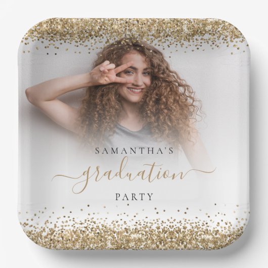Gouden Glitter Fotonaam Afstuderen 2024 Party Pape Papieren Bordje (Voorkant)