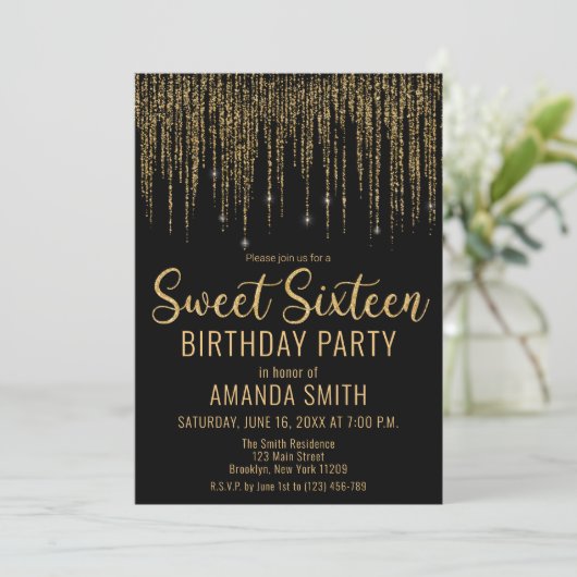 Gouden Glitter Fringe Gordijn Sweet 16 Uitnodiging (Staand voorkant)