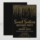 Gouden Glitter Fringe Gordijn Sweet 16 Uitnodiging (Voorkant / Achterkant)