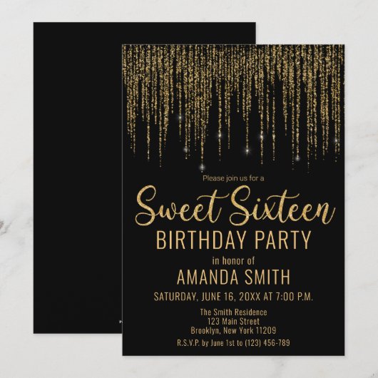 Gouden Glitter Fringe Gordijn Sweet 16 Uitnodiging (Voorkant / Achterkant)