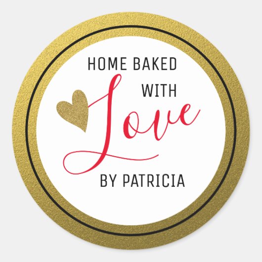 Gouden glitter gebakken met liefde rood en wit ronde sticker (Voorkant)