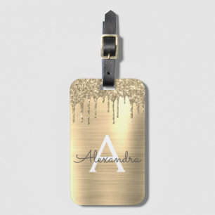 Gouden Glitter Geborsteld Metaal Monogram Naam Bagagelabel