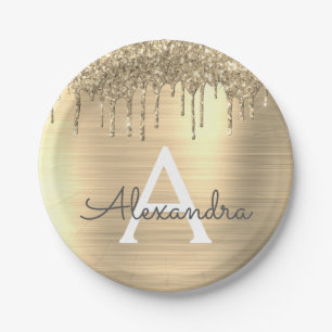 Gouden Glitter Geborsteld Metaal Monogram Naam Papieren Bordje