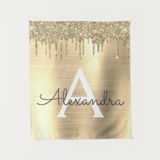 Gouden Glitter Geborsteld Metaal Monogram Naam Wandkleed (Voorkant)