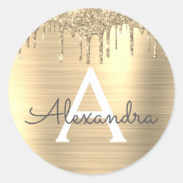 Gouden Glitter Geborsteld Metal Monogram Naam Ronde Sticker