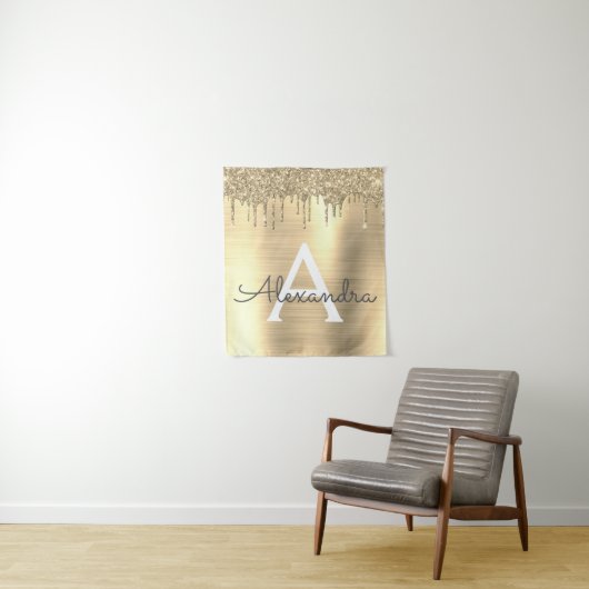 Gouden Glitter Geborsteld Metal Monogram Naam Wandkleed (In situ)