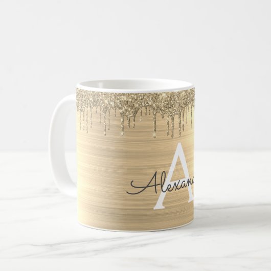 Gouden Glitter Geborsteld Metalen Monogram Naam Koffiemok (Voorkant links)