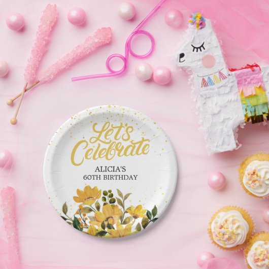 Gouden Glitter Gele Bloemen Verjaardag Papieren Bordje (Feest)