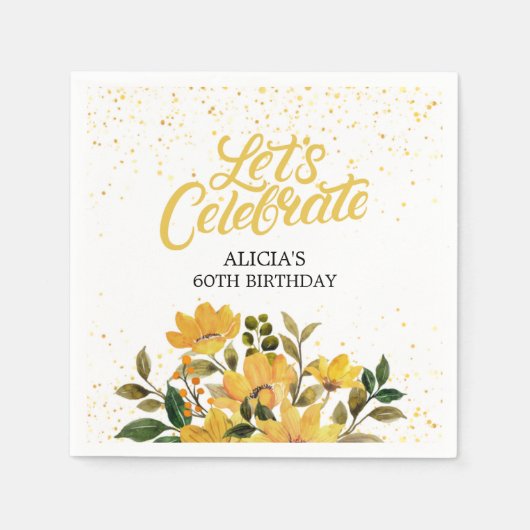 Gouden Glitter Gele Bloemen Verjaardag Servet (Voorkant)