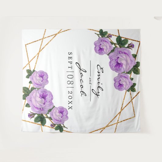 Gouden Glitter Geo Paarse Bloemen Foto Achtergrond Wandkleed (Voorkant (horizontaal))