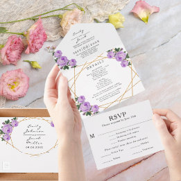 Gouden Glitter Geo Paarse Bloemige Trouw RSVP Foto All In One Uitnodiging