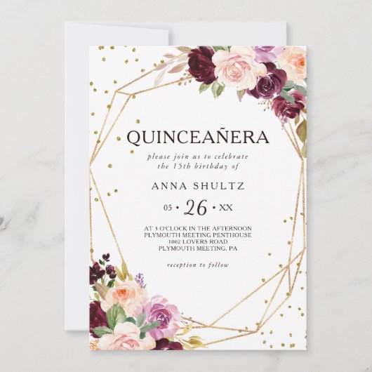 Gouden Glitter Geometrische Bloemen Quinceañera Kaart (Voorkant)
