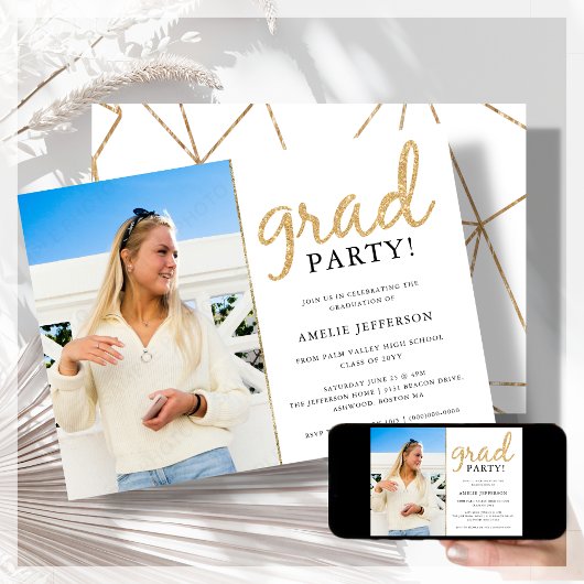 Gouden Glitter Geometrische Foto Afstuderen Invita Kaart