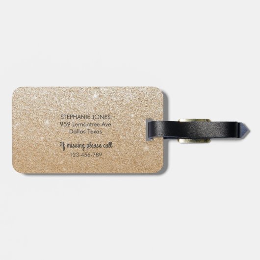 Gouden glitter gepersonaliseerd bagagelabel (Achterkant horizontaal)