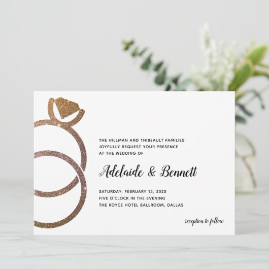 Gouden Glitter gestapelde ringen Moderne bruiloft Kaart (Staand voorkant)