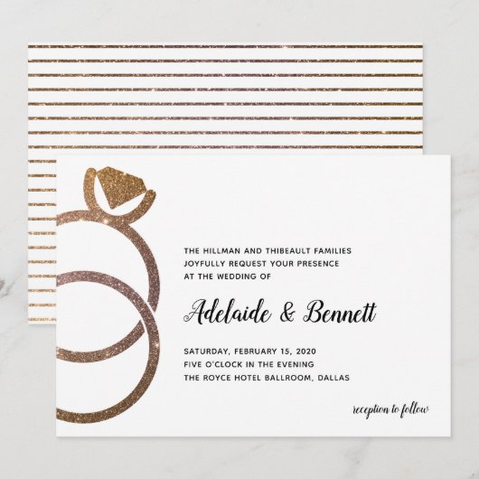 Gouden Glitter gestapelde ringen Moderne bruiloft Kaart (Voorkant / Achterkant)