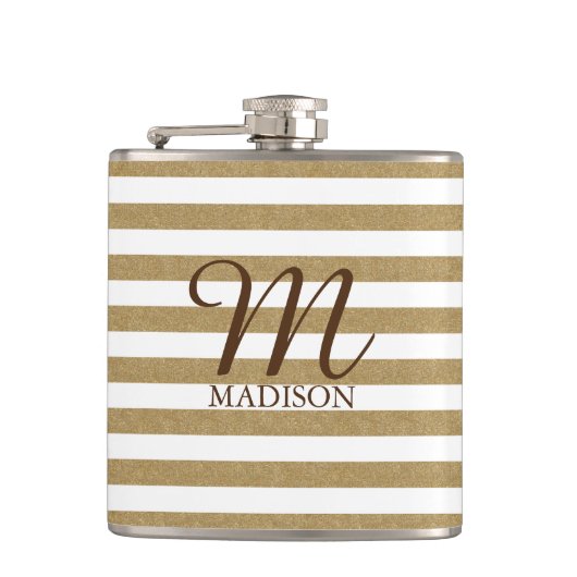 Gouden glitter gestreepte kolf met monogram heupfles (Voorkant)