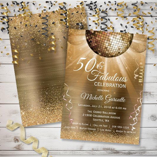 Gouden Glitter Glam 50 en Fabulous Disco Ball Kaart