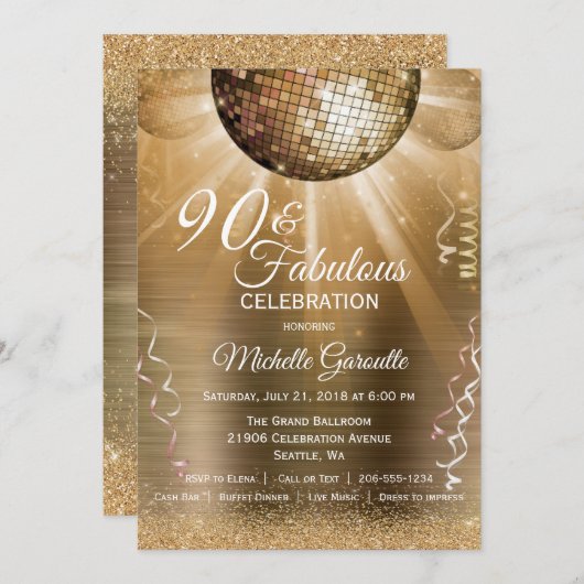 Gouden Glitter Glam 90 en Fabulous Disco Ball Kaart (Voorkant / Achterkant)