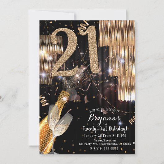 Gouden Glitter Glam Champagne Wijn 21e 21 Verjaard Kaart (Voorkant)