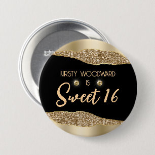 Gouden Glitter Glam Edge & Diamanten Sweet 16 Ronde Button 7,6 Cm