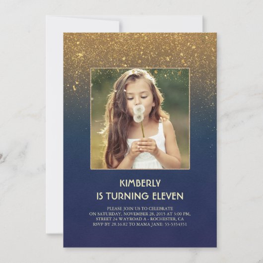 Gouden Glitter Glam Navy Foto Verjaardag Kaart (Voorkant)