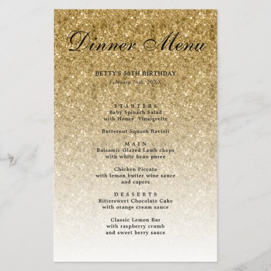 Gouden Glitter Glam Party Papieren Menu (Voorkant)