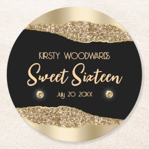 Gouden Glitter Glam Rand & Diamanten Sweet 16 Ronde Kartonnen Onderzetter